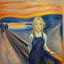 a girl coffee barista stand in bar, oil on canvas, detailed, artwork by edvard munch