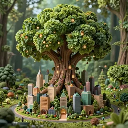 a miniature city built into the trunk of a single colossal tree in the forest, with tiny people, in the style of james c christensen, lit windows, close - up, low angle, wide angle, awe - inspiring, highly detailed digital art