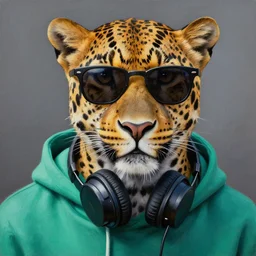 a photorealistic painting of a leopard wearing black sunglasses, a teal green hoodie while headphones wrap his neck. hyper detailed, oil on canvas. this 4 k hd image is trending on artstation, featured on behance, well - rendered, extra crisp, features intricate detail, epic composition and the style of unreal engine.
