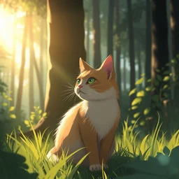 cat in a forest, by kawacy, trending on artstation, backlighting, sunlight