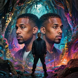symmetry!! stunning portrait of double exposure kanye west in a beautiful cavern, by victo ngai, kilian eng vibrant colors, dynamic lighting, digital art, winning award masterpiece, fantastically beautiful, illustration, aestheticly inspired by beksinski and dan mumford, upscale with simon stalenhag work, artstation, 8 k