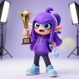 purple splatoon kid with studio lighting in BTS clothing winning and beautiful background