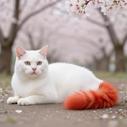 white cat with fluffy red tail like fox tail lying at sakura forest, high detailed, hyper realistic, octane engine, anime illustration, ray tracing