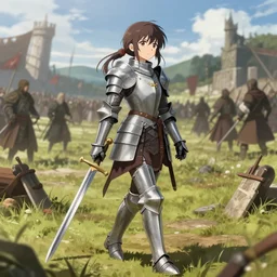 anime visual, girl in knight armor pierced by swords walking on a battlefield in medieval times, wlop, rossdraws