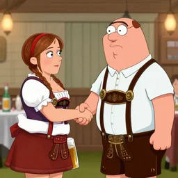 Peter Griffin meets Chubby Emma Watson dressed in a lederhosen as a beer maid at Oktoberfest, Peter Griffin gives her a handshake, Realistic, HDR, Clear Image