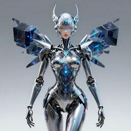 front shot of a robot queen , character, hyperdimensional, bioluminescent hypercubes, dark holography, spectral, chrome, intricate, elegant, highly detailed, centered, artstation, concept art, smooth, sharp focus, artgerm, Tomasz Alen Kopera, Peter Mohrbacher, donato giancola, Joseph Christian Leyendecker, WLOP, Boris Vallejo, mugshot, octane render, nvidia raytracing demo, 8K