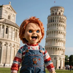screaming chucky doll visiting the leaning tower of pisa