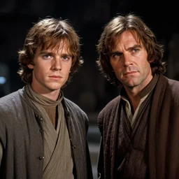 film still of young alec guiness and young sebastian shaw as jedis in new star wars movie, dramatic lighting, highley detailled face, kodak film, wide angle shot, photorealistic