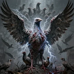horryfing mutant bird made of electricity fused with thousands of birds, thousand heads, mutilated, horror, blood, heavy damage, post apocalyptic, dystopian surrealism, grey, zdzisław beksinski, sad atmosphere, volumetric light, style giger, alex ries, symmetry accurate features, symmetry accurate features, very intricate details, high resolution, intricate