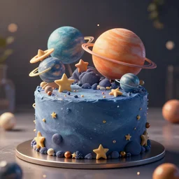 Realistic cake with planets and stars on it, behance, artstation, unreal render, unreal engine 5, octane, intricate, 100mm, photorealistic, hyper realism, high detail, smooth, sharp focus, bokeh, 8k, movie shot, cinematic perspective, studio shot