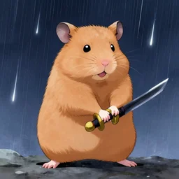 japanese hamster samurai. with long sword. anime art. painting. rain of meteors on background
