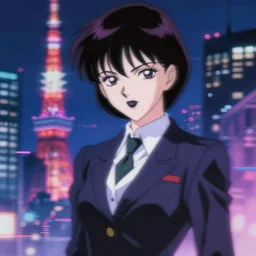 blurry and dreamy screencap of a character from 8 0 s horror anime, vampire woman with short hair and black lipstick wearing dress suit with tie, satoshi kon anime, character design by yoshitaka amano and junji ito, glitchy vhs tape, night tokyo in the background, perfect blue color palette, noisy film grain effect, blurry image