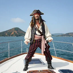 Todd Howard dressed as a pirate riding a yacht, Virginia in background, wide shot