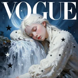 3 d, close - up, white and black stars, sleepy fashion model, waterfall, light blue moon rays, vogue cover style, soft shadows, cinematic, poster art, hyper detail, intricate oil painting, multiple exposure, night mood, 3 d, by tooth wu and wlop and beeple and greg rutkowski