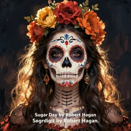 Illustration of a sugar skull day of the dead girl, art by Robert Hagan