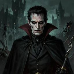 a highly detailed color illustration portrait of a fantasy vampire, dark moody eerie castle setting, horror art, d & d portrait, planescape, frankenstein, hires, cgsociety, 4 k, centered, art by tim hildebrandt and frank frazetta and gerald brom and greg rutkowski