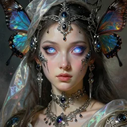 a baroque neoclassicist close - up portrait of a final fantasy futuristic empress tsarina alien goddess gazing intensely with big glowing cosmic eyes adorned in intricate silver blacklight retrofuturistic jewelry with iridescent butterfly wings and iridescent silk, misty x - particles background. renaissance portrait painting. highly detailed science fiction painting by norman rockwell, frank frazetta, syd mead, artgerm, alphonse mucha, rich colors, unreal engine 5, dreamcore