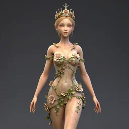 cell shaded humanoid onion goddess, flower vine dress, crown, artstation, 4 k