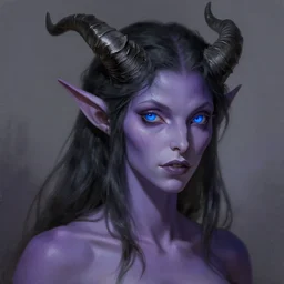 a portrait of a tiefling with purple skin and black hair, black horns, blue eyes stunning digital painting trending on artstation