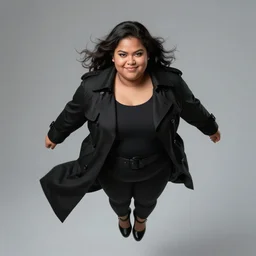 thick chubby dark - skinned filipina superhero, long black trench coat, sly grin, fully clothed, exaggerated perspective, flying toward camera, beautiful detailed face, bright blue hair, action pose, comic book style, highly detailed, dynamic shadows, dynamic lighting, geoff johns, jason fabok, jason fabok, brad anderson, splash art