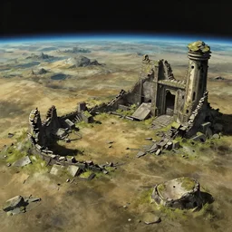the remains of a deserted planet. ruins, seen from space. clean sharp digital art, environment concept art, by rossdraws, ghibli, breath of the wild, greg rutkowski
