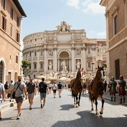 low angle wide shot, street scene, ancient rome, mainly roman pedestrians, horses and roman soldiers, volumetric lighting, beautiful, day time, spring, sunny weather, sharp focus, highly detailed, photorealistic, 4 0 0 0 k, f 1. 4, cgsociety