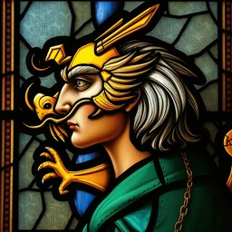 side - view portrait of villentretenmerth, a golden dragon, 1 0 th century stained glass window, masterful