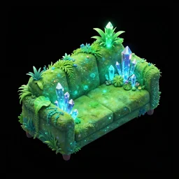 isometric sofa with alien bioluminescent aesthetic full of plants and glowy crystals, asset for a mobile game. full black background