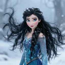 a elsa from frozen with really long black hair with black ice and black snow powers