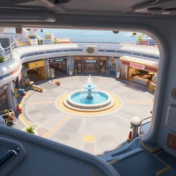 over the shoulder view of a open plaza area onboard a spaceship, with a small fountain in the middle and stores and restaurants around the outside, from a space themed lucasarts point and click 2 d graphic adventure game, art inspired by thomas kinkade