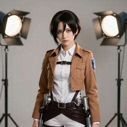 photoshoot of actress amber midthunder as mikasa ackerman, from attack on titan, studio lighting, 5 0 mm, soft focus