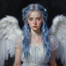 breathtaking detailed painting of luna lovegood, by ayami kojima and brom, gauze angel dress, detailed realistic facial features, amalgamation of magical stars, 8 k, concept art, matte, sharp focus, rembrandt style