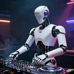 futuristic robot dj made of white reflective plastic at a techno music club, very detailed, intricate, hyperrealistic, dark background, colored light, smoke, very cool