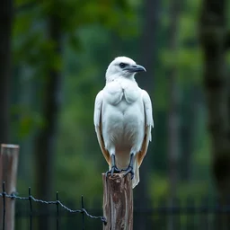 white crow sitting on a fence, 4 k realistic photo, detailed, photorealistic, blured backgroud, forest