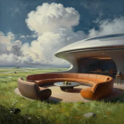 a futuristic lounge room on the edge of a meadow. billowing clouds. highly detailed science fiction painting by norman rockwell, frank frazetta, and syd mead. rich colors, high contrast, gloomy atmosphere. trending on artstation.