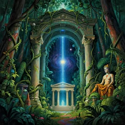 intergalactic stargate portal in the middle of a dense jungle, with vines and creepers wrapping around it, and strange glowing lights emanating from it by diego rivera and edward gorey, style of ancient greek architecture