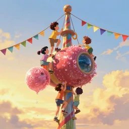 memorable animation key shot, intricate, kids climbing up the bubble gum yamato schwerer gustav!!!!, colorful bunting, golden hour, flags, dripping paint, grafitti!!, rust, ghibli, fortress, lanterns, by mandy jurgens, by satoshi kon, ilya repin, craig mullins, dean cornwell, nc wyeth
