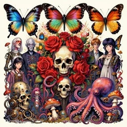 artwork by hp lovecraft, h. r. giger, aaron horkey, amanda sage, alex grey, frank stella, alena aenami and akira toriyama. butterflies, vibrant, artistic, roses, skull, tentacle, octopus, mushroom, fungi, bio - mechanical, steampunk, horror, design. artstation, trending, uhd, 4 k, detailed, award - winning.