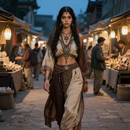 a comic full body portrait of an gypsy girl walking through a ancient market at dusk, fine - face, realistic shaded perfect face, fine details, jewelry, night setting. very anime style. realistic shaded lighting poster by ilya kuvshinov katsuhiro, magali villeneuve, artgerm, jeremy lipkin and michael garmash, rob rey and kentaro miura style, trending on art station