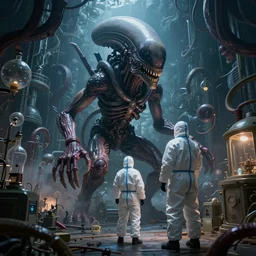 one man in a hazmat suit watches as a huge alien meat monster grows out of control in a creepy underground science lab