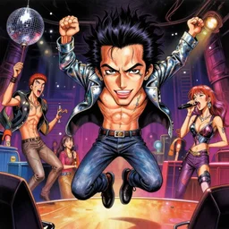 a funky disco crackhead jumping around in the club, by takehiko inoue and kim jung gi and thomas kinkade, masterpiece illustration, realistic face and anatomy
