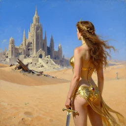 princess of mars looking at the destruction of her city, seen from the side, dunes, high noon, blue sky, intricate gold bikini armor, sword, portrait, oil painting, by sargent,