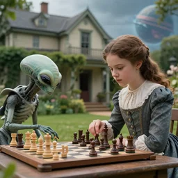 still from a sci fi blockbuster movie made in 2022, set in 1860,  a girl playing chess with a humanoid alien creature, wearing 1850s era clothes, in the garden of a house, on an alien planet, good lighting, 4k, in focus faces, good photography