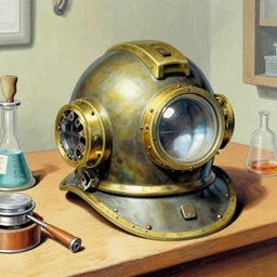 old diving helm on a table, scientific equipment illustration by tony diterlizzi