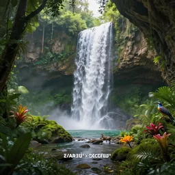 jungle cave waterfall animals birds flowers, volumetric lighting, rtx on, an award winning digital render, beautiful, ultradetailed, great composition, depth of field