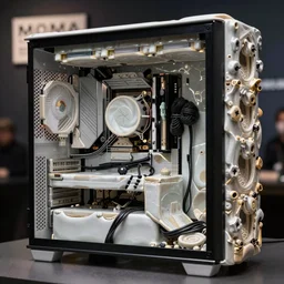 realistic photo of a computer casemod, model equipment gadget, made of porcelain, white clay and black wires, natural colors, metropolitan museum collection, moma, pinterest