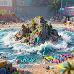 plastic beach island waves caustics fluid simulation lighting impressive colorful masterpiece graffiti hyper perspective textured detailed intricate sharp focus 8 k octane render nvidia raytracing demo realistic illustration canon eos r 3 fujifilm x - t 3 0 sony alpha