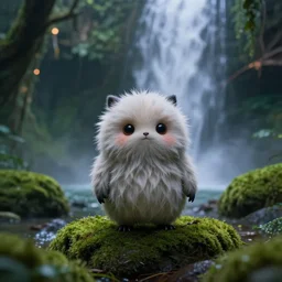 photorealistic wide shot focus portrait of cute fluffy creature posing, under waterfall, jungle, green moss, bokeh, inspired by Tim Burton, octane render, unreal engine 4k, volumetric lighting, mist, twilight, detailed