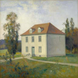 a beautiful painting of a building in a serene landscape by Arnold Böcklin