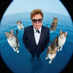 Floating cats that look like Elton John over a blue ocean, Darek Zabrocki, Karlkka, Jayison Devadas, Phuoc Quan, trending on Artstation, 8K, ultra wide angle, pincushion lens effect.